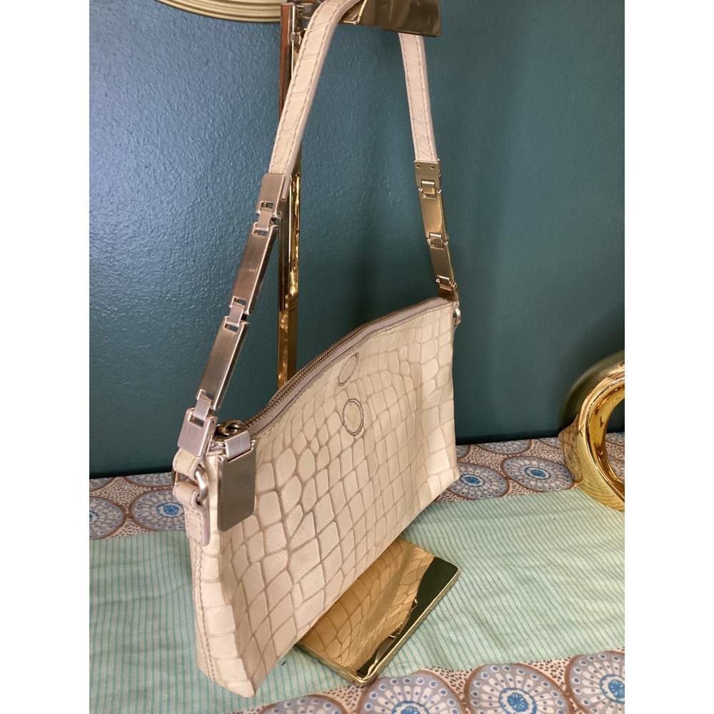 Banana Republic Cream Croc Embossed Leather‎ Baguette Shoulder Bag Gold Hardware